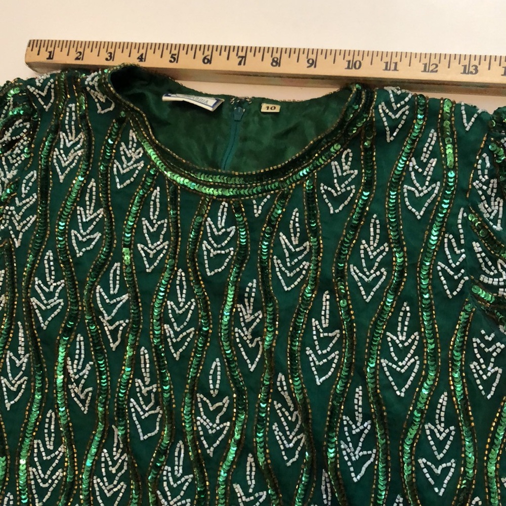 Sequin Green Beaded Short Sleeve Formal Top Elegant Green Beaded Top 80s Dynasty - Picture 9 of 16